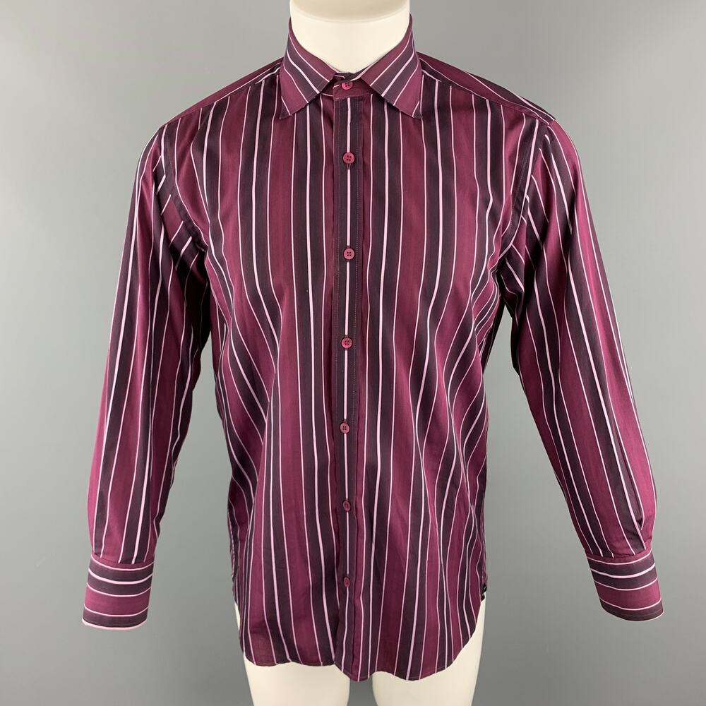 TED BAKER M Burgundy Stripe Cotton Spread Collar Button Up Long Sleeve Shirt